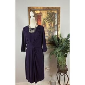 Ellen Tracy Dress Women's 8 Purple Knee Length Lined Pleated Ruched 3/4 Sleeve